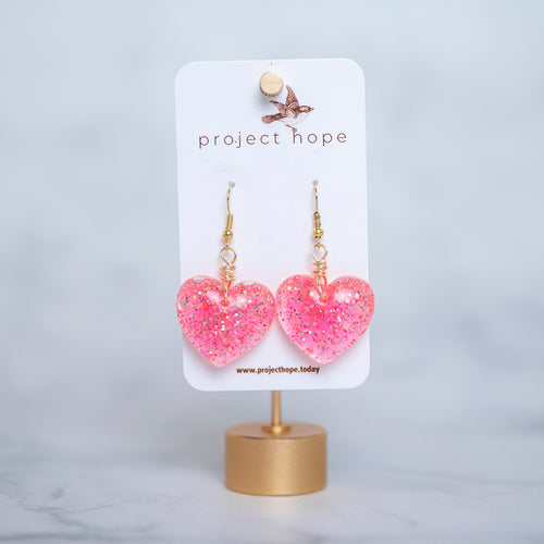 Bright Pink Resin Heart Earrings